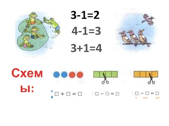 3-1=2 4-1=3 3+1=4 Схемы: 4-2=2 4-1=3 2+2=4