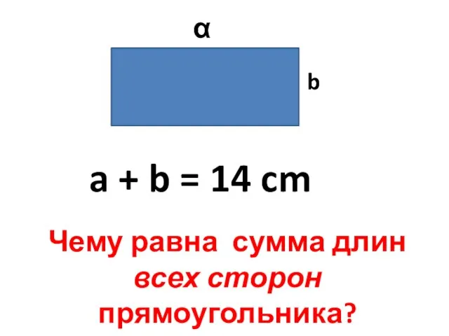 α b a + b = 14 cm Чему равна сумма длин всех сторон прямоугольника?