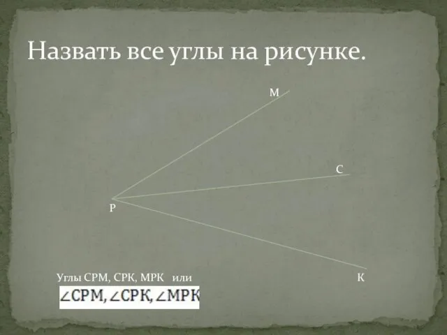 Назвать все углы на рисунке. Р М К С Углы СРМ, СРК, МРК или