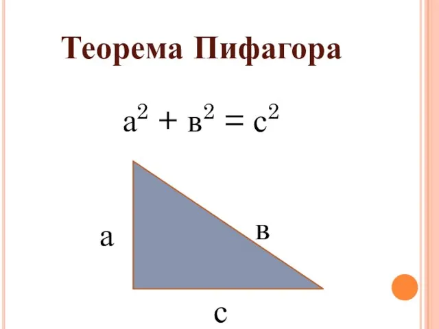 Теорема Пифагора а2 + в2 = с2 а в с