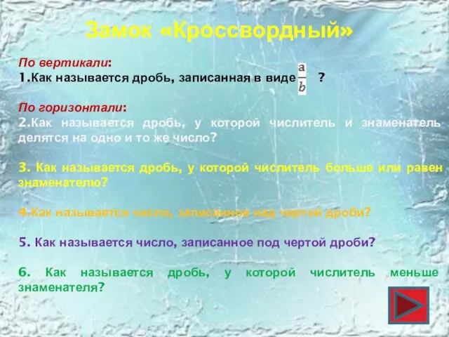 Замок «Кроссвордный» По вертикали: 1.Как называется дробь, записанная в виде ? По