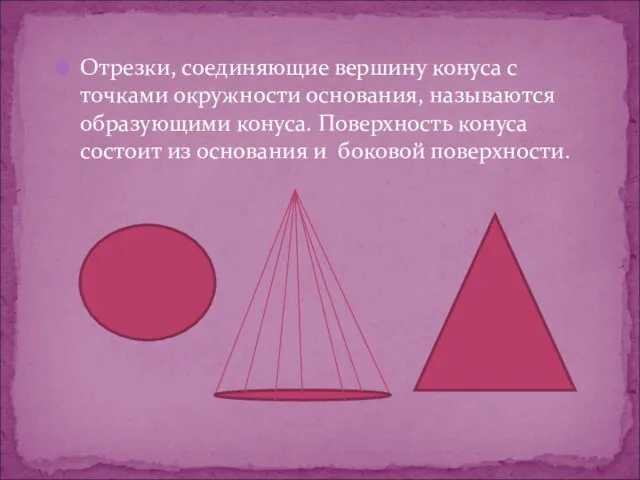 Отрезки, соединяющие вершину конуса с точками окружности основания, называются образующими конуса. Поверхность