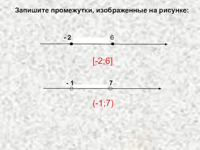 Запишите промежутки, изображенные на рисунке: [-2;6] (-1;7)