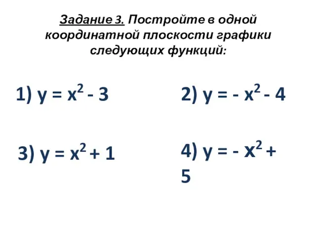Задание 3. Постройте в одной координатной плоскости графики следующих функций: 1) y