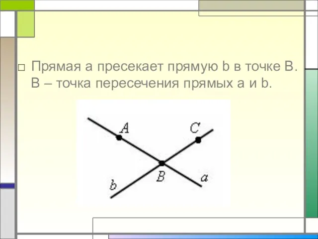 Прямая a пресекает прямую b в точке В. В – точка пересечения прямых a и b.