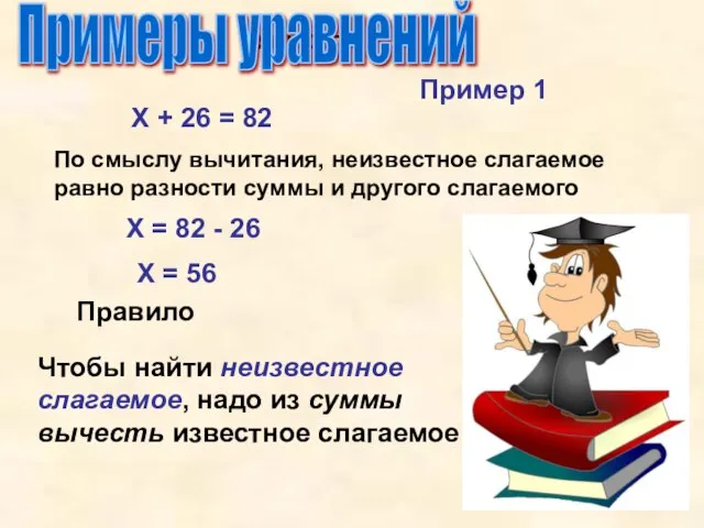 Упрости Примеры уравнений Х + 26 = 82 По смыслу вычитания, неизвестное