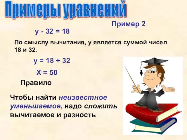 Упрости Примеры уравнений у - 32 = 18 По смыслу вычитания, у