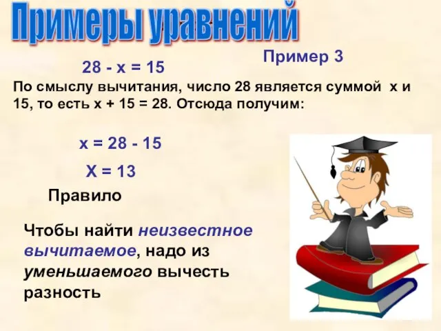 Упрости Примеры уравнений 28 - х = 15 По смыслу вычитания, число