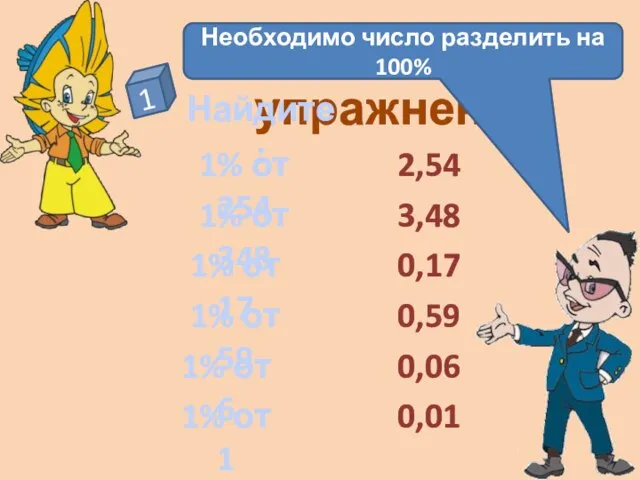 Устные упражнения 1 Найдите : 1% от 254 1% от 348 1%