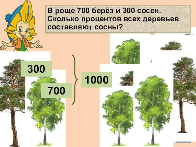 В роще 700 берёз и 300 сосен. Сколько процентов всех деревьев составляют сосны? 300 700 1000