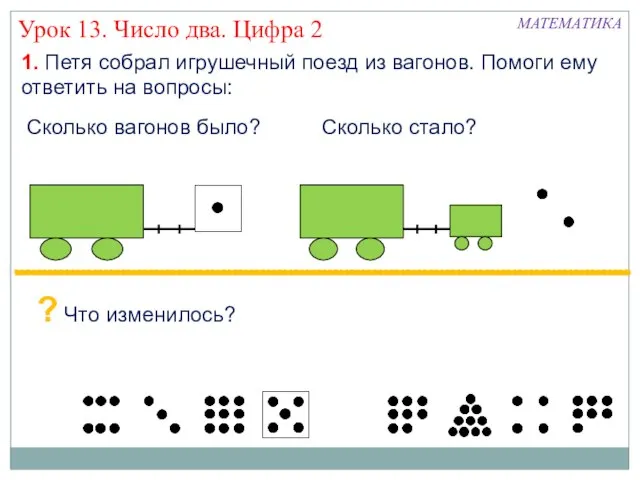 Урок 13. Число два. Цифра 2 1. Петя собрал игрушечный поезд из