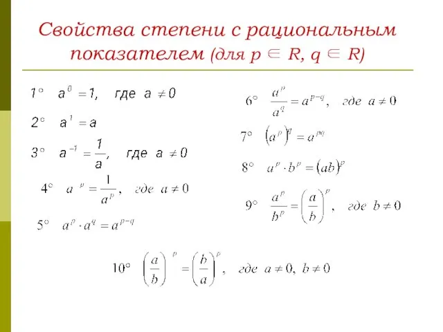 Свойства степени с рациональным показателем (для p ∈ R, q ∈ R)