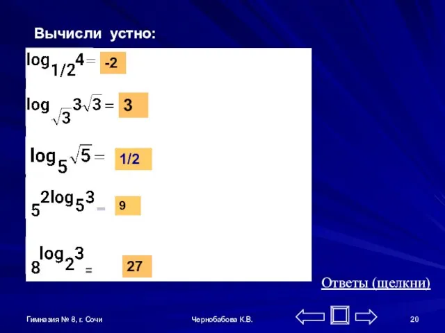 Гимназия № 8, г. Сочи Чернобабова К.В. Вычисли устно: -2 3 1/2