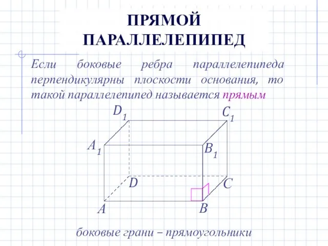 ПРЯМОЙ ПАРАЛЛЕЛЕПИПЕД Если боковые ребра параллелепипеда перпендикулярны плоскости основания, то такой параллелепипед