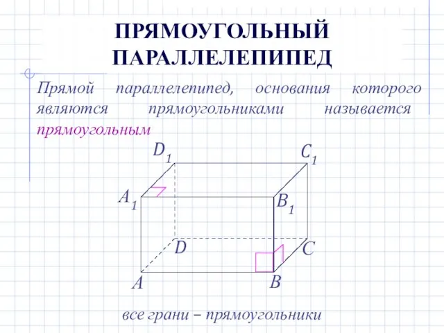 ПРЯМОУГОЛЬНЫЙ ПАРАЛЛЕЛЕПИПЕД Прямой параллелепипед, основания которого являются прямоугольниками называется прямоугольным все грани – прямоугольники