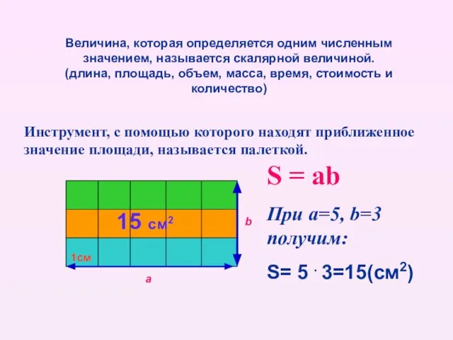 Величина, которая определяется одним численным значением, называется скалярной величиной. (длина, площадь, объем,