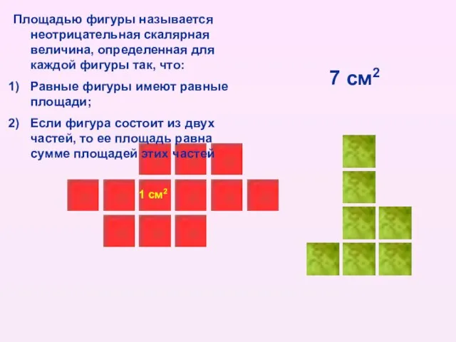 1 см2 Площадью фигуры называется неотрицательная скалярная величина, определенная для каждой фигуры