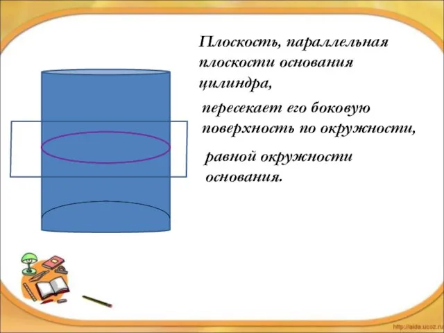 Плоскость, параллельная плоскости основания цилиндра, пересекает его боковую поверхность по окружности, равной окружности основания.