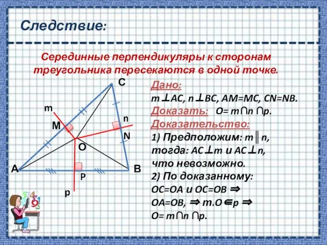 Следствие: Серединные перпендикуляры к сторонам треугольника пересекаются в одной точке. Дано: mAC,