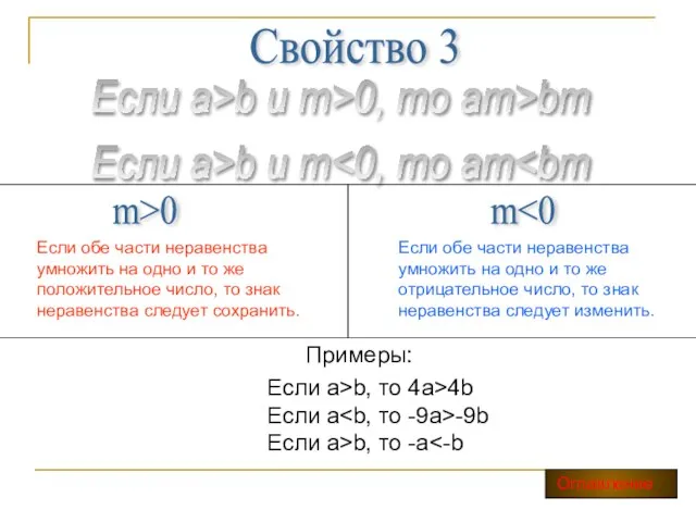 Свойство 3 Если а>b и m>0, то am>bm Если a>b и m