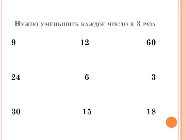 Нужно уменьшить каждое число в 3 раза 9 12 60 24 6 3 30 15 18