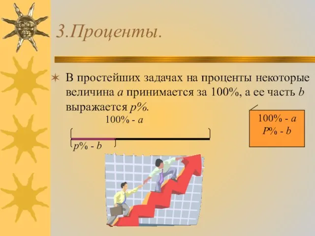 3.Проценты. В простейших задачах на проценты некоторые величина а принимается за 100%,