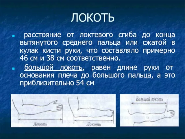 ЛОКОТЬ расстояние от локтевого сгиба до конца вытянутого среднего пальца или сжатой