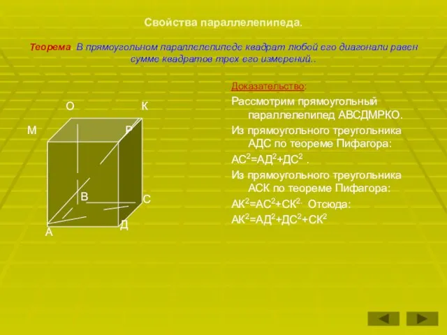 Свойства параллелепипеда. Теорема. В прямоугольном параллелепипеде квадрат любой его диагонали равен сумме