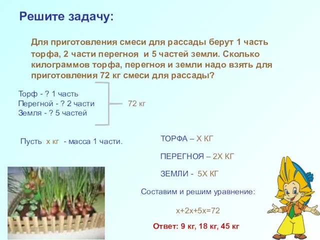 Решите задачу: Для приготовления смеси для рассады берут 1 часть торфа, 2