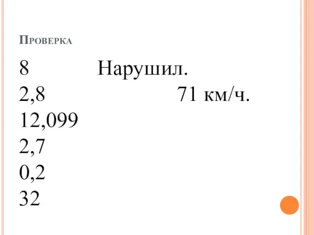 Проверка 8 Нарушил. 2,8 71 км/ч. 12,099 2,7 0,2 32