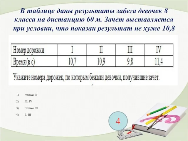 В таблице даны результаты забега девочек 8 класса на дистанцию 60 м.