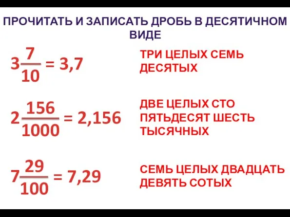 ТРИ ЦЕЛЫХ СЕМЬ ДЕСЯТЫХ ПРОЧИТАТЬ И ЗАПИСАТЬ ДРОБЬ В ДЕСЯТИЧНОМ ВИДЕ ДВЕ