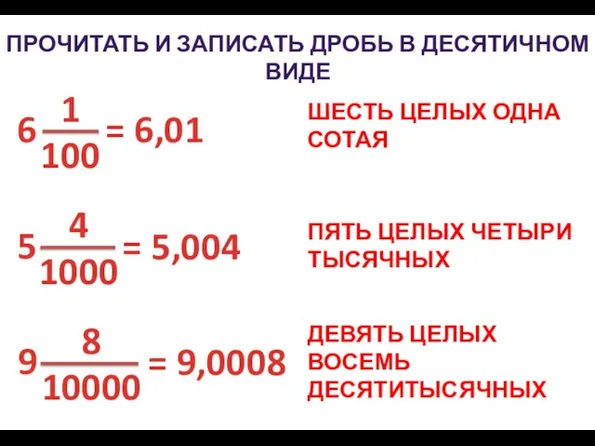 ПРОЧИТАТЬ И ЗАПИСАТЬ ДРОБЬ В ДЕСЯТИЧНОМ ВИДЕ = 6,01 = 5,004 =