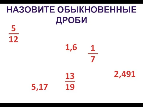 НАЗОВИТЕ обыкновенные дроби 5,17 1,6 2,491