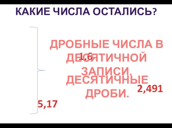 Какие числа остались? 5,17 1,6 2,491 ДРОБНЫЕ ЧИСЛА В ДЕСЯТИЧНОЙ ЗАПИСИ. ДЕСЯТИЧНЫЕ ДРОБИ.