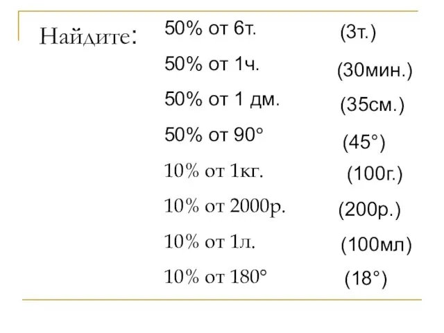 Найдите: 50% от 6т. 50% от 1ч. 50% от 1 дм. 50%