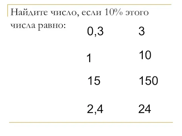 Найдите число, если 10% этого числа равно: 0,3 1 15 2,4 3 10 150 24