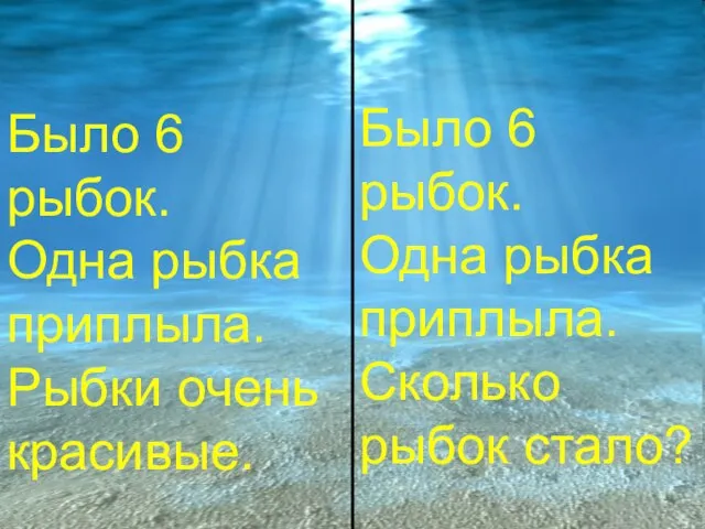 Было 6 рыбок. Одна рыбка приплыла. Рыбки очень красивые. Было 6 рыбок.