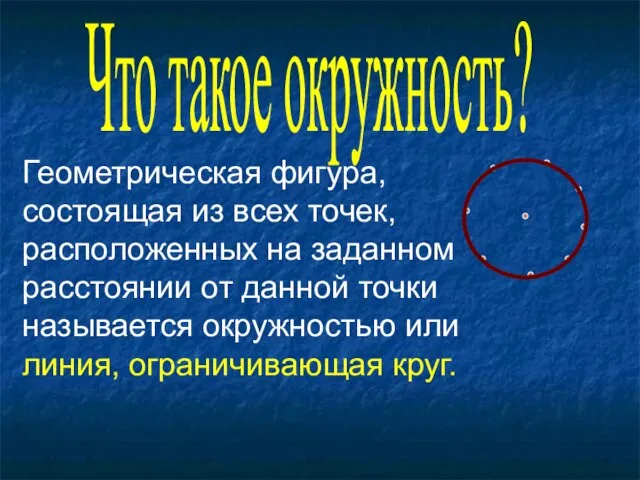 Что такое окружность? Геометрическая фигура, состоящая из всех точек, расположенных на заданном