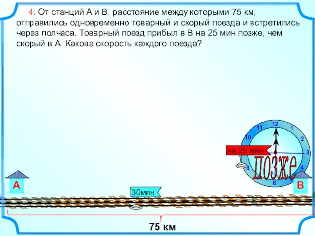 4. От станций А и В, расстояние между которыми 75 км, отправились