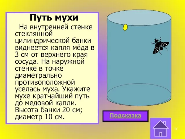 Путь мухи На внутренней стенке стеклянной цилиндрической банки виднеется капля мёда в