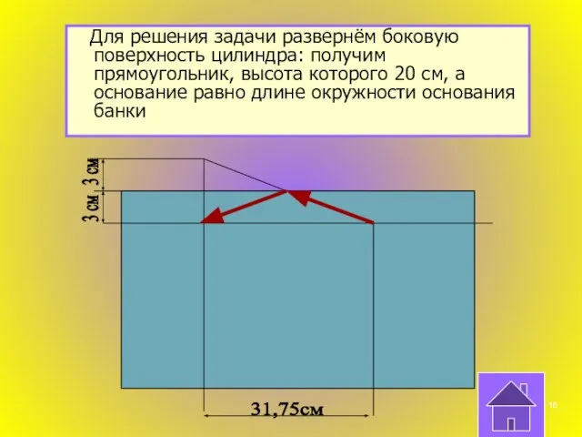 Для решения задачи развернём боковую поверхность цилиндра: получим прямоугольник, высота которого 20