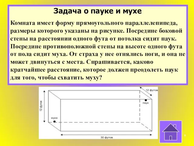 Задача о пауке и мухе Комната имеет форму прямоугольного параллелепипеда, размеры которого