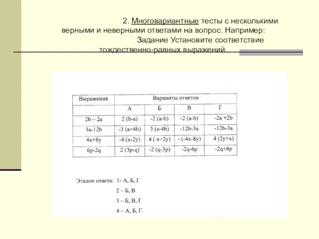 2. Многовариантные тесты с несколькими верными и неверными ответами на вопрос. Например: