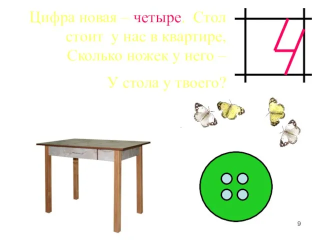 Цифра новая – четыре. Стол стоит у нас в квартире, Сколько ножек