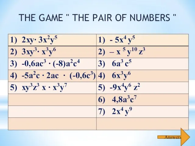 THE GAME " THE PAIR OF NUMBERS " Answers