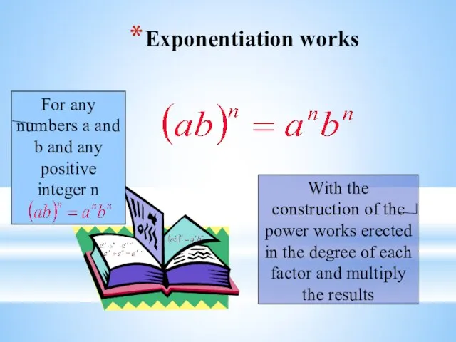 Exponentiation works For any numbers a and b and any positive integer