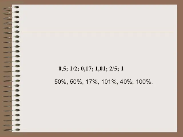 0,5; 1/2; 0,17; 1,01; 2/5; 1 50%, 50%, 17%, 101%, 40%, 100%.