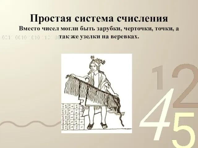 Простая система счисления Вместо чисел могли быть зарубки, черточки, точки, а так же узелки на веревках.