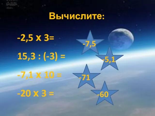 Вычислите: -2, 5 х 3= -15, 3:(-3)= -7, 1х10= -20х3= -2, 5